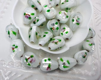 Vintage Lampwork Glass Teardrop Beads: Rose Foil Czech Beads, 10pcs