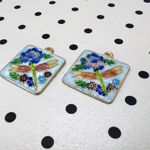 Vintage Cloisonné blommig emaljhängsmycke - Aqua Blue Emalj Dragonfly Bead Plaque bild 3