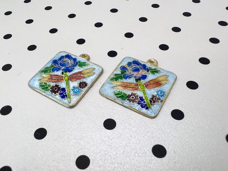 Vintage Cloisonné blommig emaljhängsmycke - Aqua Blue Emalj Dragonfly Bead Plaque bild 3