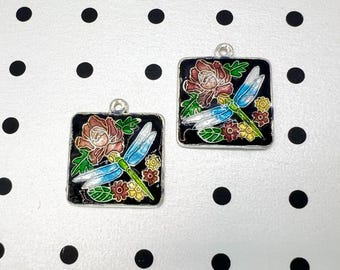 Vintage Cloisonné blommig emaljhängsmycke - svart och flerfärgad emalj trollslända pärla plakett