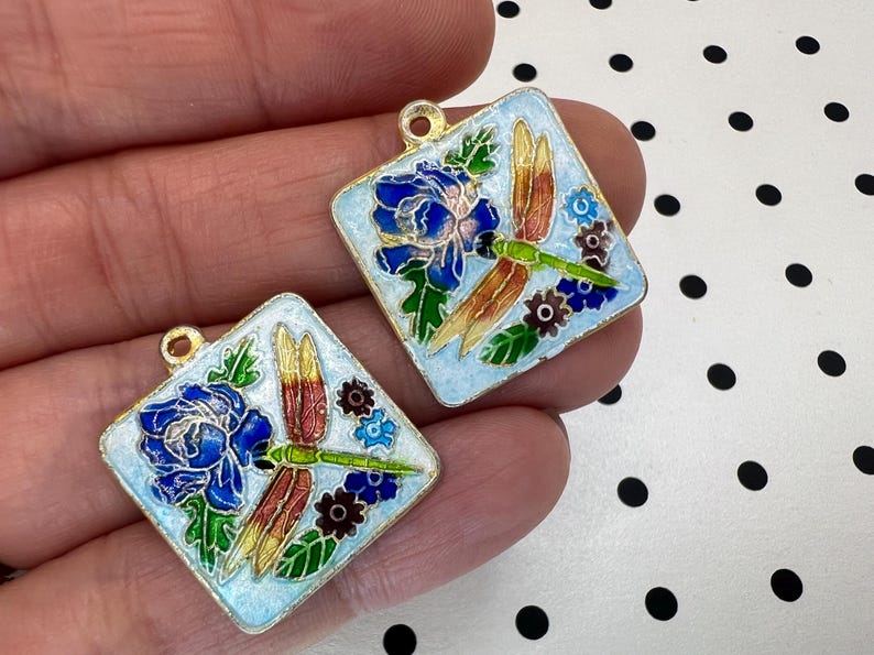 Vintage Cloisonné blommig emaljhängsmycke - Aqua Blue Emalj Dragonfly Bead Plaque bild 5