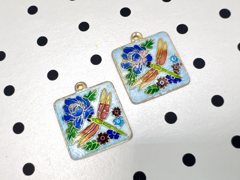 Vintage Cloisonné blommig emaljhängsmycke - Aqua Blue Emalj Dragonfly Bead Plaque bild 2