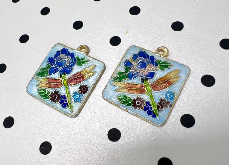 Vintage Cloisonné blommig emaljhängsmycke - Aqua Blue Emalj Dragonfly Bead Plaque bild 4