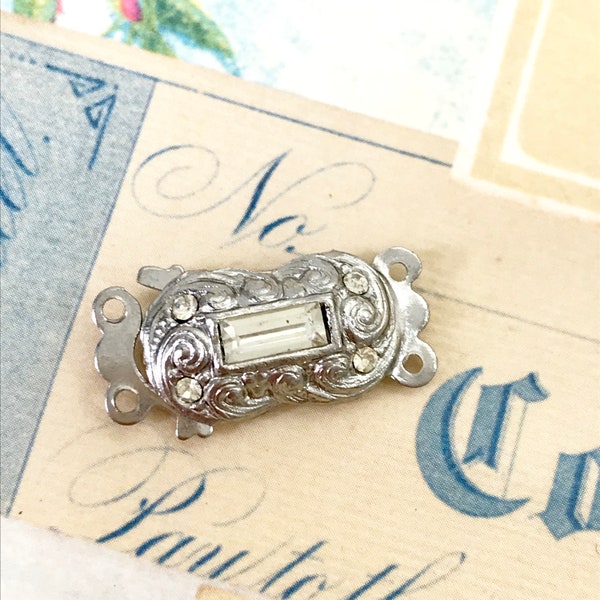 Vintage Crystal Clasp Etched Filigree Floral Connector Art Nouveau Flower Jewellery Link Old Checzh Silver Catch Finding
