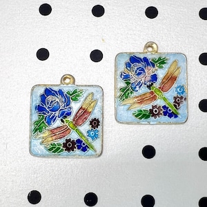Vintage Cloisonné blommig emaljhängsmycke - Aqua Blue Emalj Dragonfly Bead Plaque bild 1