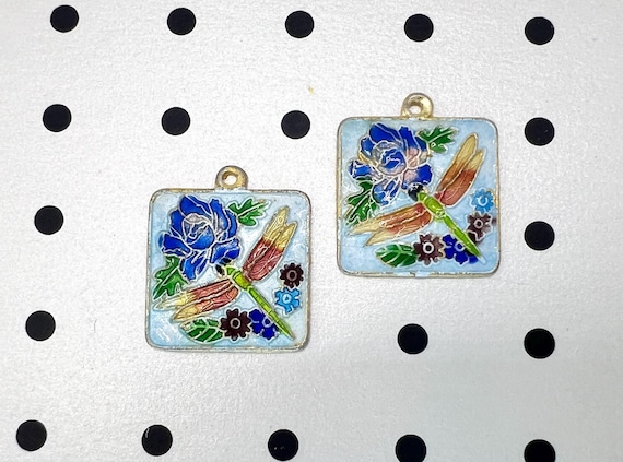 Vintage Cloisonné Floral Enamel Pendant - Aqua Blue Enamel Dragonfly Bead Plaque