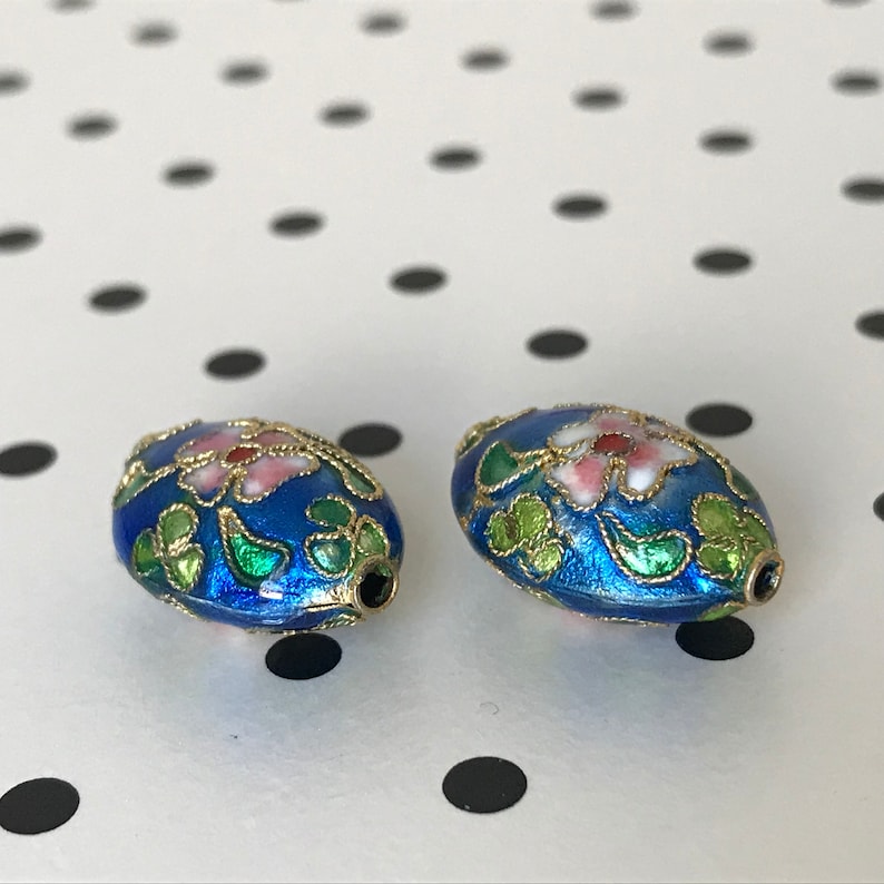 Vintage Cloisonné Pendant Bead Rare Blue & Gold 1960s French Oval