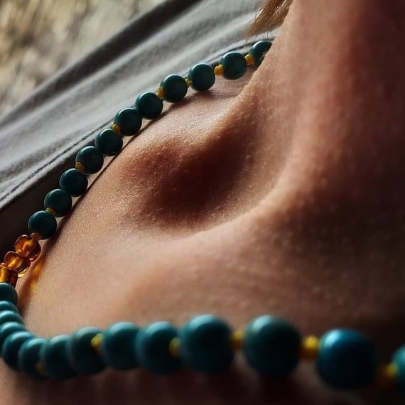 Collar de ambar y turquesa, necklace, dentición, suerte, collar de piedras naturales, collar de piedras preciosas, amber necklace