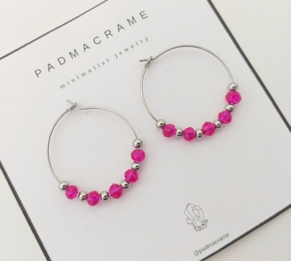 Pendientes acero crystal therapy: rosa fucsia