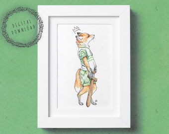 Whimsical Fox Art, Digital download watercolor - King Arthur the Fox Knight - Printable wall art, illustration print.