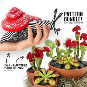 May include: A pattern bundle featuring a snail and carnivorous plants. The snail is red and silver, with a black and white striped body. The plants are in terracotta pots, with green and red details. Text reads "PATTERN BUNDLE!" and "SNAIL + CARNIVOROUS PLANTS PDF PACK!"
