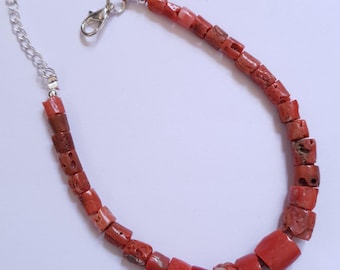 Natural Mediterranean Sea Red Coral Bracelet - Undyed Coral Handmade Silver Plated Brass Jewelry Bracelets