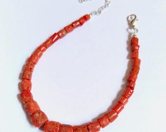 Vintage Red Coral Beaded Bracelet: Italian Coral, Adjustable 7-10 Inch