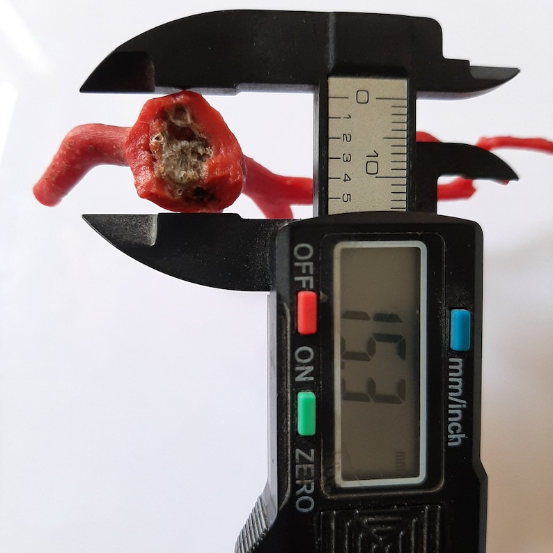 May include: A red coral branch being measured with a digital caliper. The caliper reads 1.32 inches.