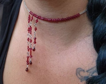 Bloody Slit-Throat Choker, memory wire, garnet