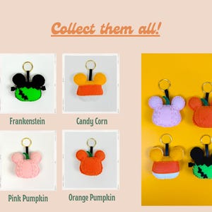 May include: Six felt Halloween-themed keychains with Mickey Mouse ears. The keychains are green Frankenstein, orange and white candy corn, pink pumpkin, orange pumpkin, orange and white candy corn, and green Frankenstein. The text "Collect them all!" is at the top of the image.