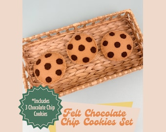 Felt Chocolate Chip Cookies (Set of 3), Play Kitchen, Pretend Bakery, Felt Food