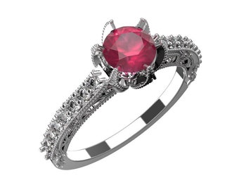 1 Carat Ruby And Diamond Engagement Ring in 18k Solid Gold/ christmas gift