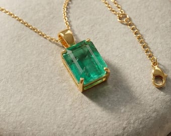 Natural Emerald Cut Zambian Emerald Pendant - 14k Gold Solitaire - 3.90 Carat Women May Birthstone Pendant