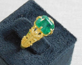 Vintage Natural Emerald Engagement Ring: 14k Solid Gold May Birthstone