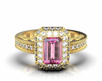 2 Carats Natural Emerald Pink Tourmaline And Diamond Engagement Ring / 18k Solid Gold October Birthstone Ring / Women Engagement Ring