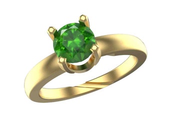 Round Shape Natural Emerald Solitaire Women Ring - 14k Yellow Gold Ring