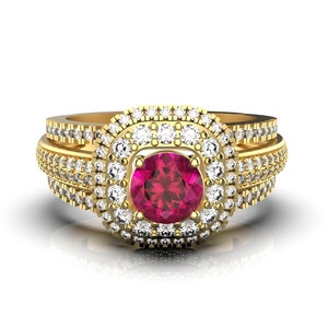 Round Shape Pink Rubellite Pieces And Diamond Engagement Ring / Natural Pink Rubelite Gift Ring In 14k Solid Gold