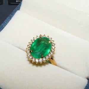 Real Big Oval Shape Emerald And Diamond Engagement Ring / Christmas Gift Ring / 14k Gold Genuine Emerald Ring