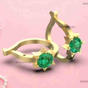 Round Shape Natural Emerald Solitaire Huggies Earrings / 14k Gold Emerald Huggies / Women Hoop Earrings