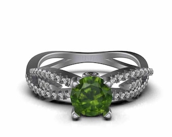 Demantoid Garnet Diamond Ring: 14k Gold Anniversary Engagement Ring