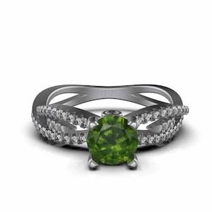 0.42 Carats Russian Natural Demantoid And Diamond Engagement Ring / Best Anniversary Wedding Engagement Ring / 14k Gold Green Gemstone Ring