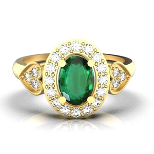 Natural Oval Emerald Diamond 14k Gold Art Deco Engagement Ring