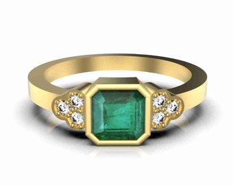 Octagon Shape Natural Emerald And Diamond Engagement Ring / Wedding Gift Emerald Ring / May Birthstone Ring