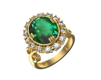 Natural Oval And Diamond Engagement Ring / Women Emerald Ring / 14k Gold Emerald And Diamond Ring