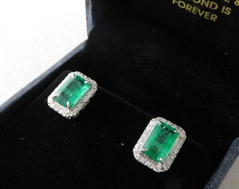 Emerald Stud Earrings Natural Emerald Cut, 14k Gold Emerald Halo With Diamonds, May Birthstone Stud, Art Deco Bridal Gift