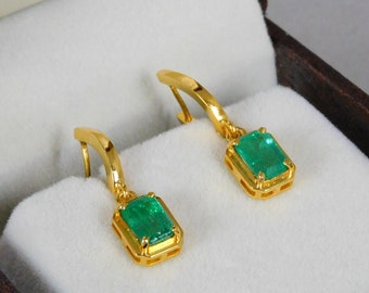 Dangle Earrings Natural Emerald 2.20 Carat, 14k Emerald Earrings, Emerald Cut Earring, Birthstone Earrings, Christmas Gift For Her