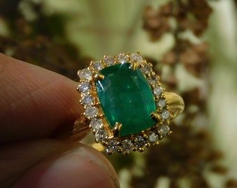 Kissenform Roher Smaragd Und Diamant Verlobungsring In 585 Massivgold / Hochzeitsgeschenk Ring / Jubiläumsring / Muttertagsgeschenk