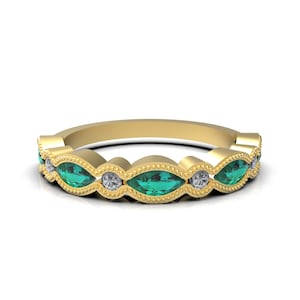 Natural Emerald Marquise And Diamond Wedding Band Ring For Women And Girls In 14k Solid Gold / Valentine&#39;s Day Gift