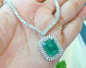 Ready To Ship 10 Carats Natural Emerald Cut And Diamond Necklace For Women And Girls In 18k Solid Gold / May Birthstone Necklace / Certified
