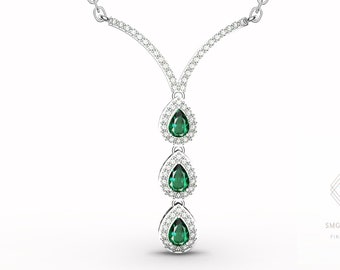 18K Gold Emerald and Diamond Pear Necklace - Zambian Green Gemstone Women Necklace