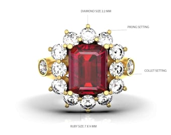 May include: A gold ring with a large red ruby surrounded by a halo of smaller diamonds. The ruby is 7 x 9 mm and the diamonds are 2.2 mm. The ring features a prong setting and a collet setting.