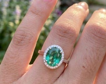 Emerald Ring Art Deco 14k Gold, Oval Emerald Ring, Natural Emerald Jewelry, May Birthstone Ring, Anniversary Gift For Her