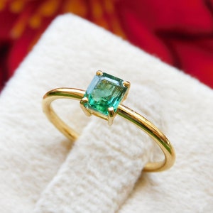 14k Solid Gold Emerald Ring: Octagon Solitaire Design - May Birthstone Ring