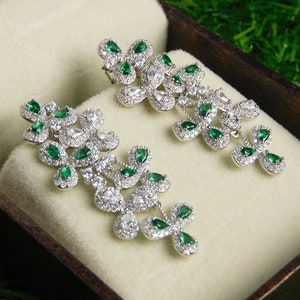 Holiday Glamour - Mini Pear Emerald and Diamond Dangle Earrings for Women and Girls / Natural Emerald Earrings