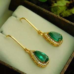 6 Carats Pair Natural Emerald And Diamond Dangle Drop Pear Shape Earrings / 14k Gold May Birthstone Earrings