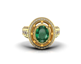 Bague De Fiançailles Halo De Diamants émeraudes De Zambie Ovales En Or Blanc Massif 14 Carats