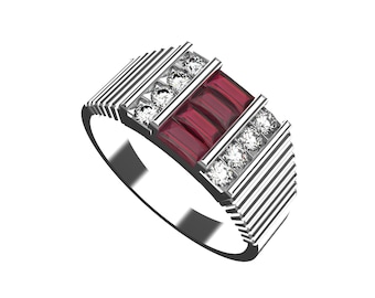 Men's Ruby Baguette Ring: Solid Gold Wedding Band