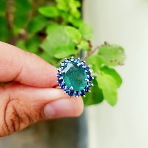 Natural Emerald  And Sapphire Ring / Emerald Engagement ring In 14k White Gold  anniversary ring / valentine day gift for women and girls