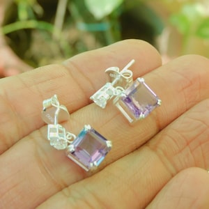 Octagon Shape Amethyst And Pear Moissanite Stud Earrings For Women And Girls In 14k Solid Gold / Anniversary Wedding Birthday Gift Earrings