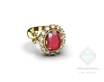 Ruby Diamond Engagement Ring: 14k Gold Vintage Style, 2 Carat Ruby